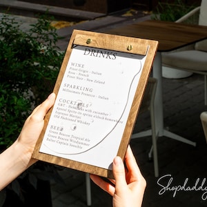 Custom Wooden Menu Holder for Restaurants, One Page Menu Board for Dinner, Drink, Cocktail & Wine List, Personalized Menu Holders for Bars