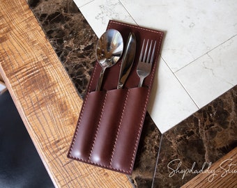 Leather Cutlery Pouch, Personalized Cutlery Holder, Cafe Bar Restaurant Cutlery Organizer, Custom Utensil Organizer, Spoon and Fork Holder