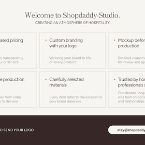 May include: A business information graphic titled Welcome to Shopdaddy-Studio. It lists six service features: Volume-based pricing, Custom branding, Mockup before production, Predictable production & delivery, Carefully selected materials, and Trusted by hospitality professionals. The email address etsy@shopdaddy-studio.com is provided at the bottom.