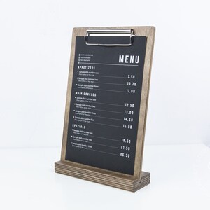 sign stand	wedding sign	clipboard stand	menu cover	menu holder	standing clipboard	tabletop sign holder	flyer holder	clipboard binder	decorative clipboard	retail sign holder	a4 a5 85x11 85x55	coffee cafe bar menu wholesale discounts, fast shipping