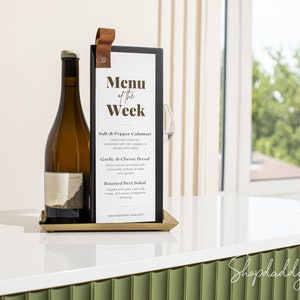 Wood Menu Holder With Leather Loop For Restaurant With Logo Engraving Option, Custom Wooden Menu Board, Personalized Drink Menu, Wine Menu