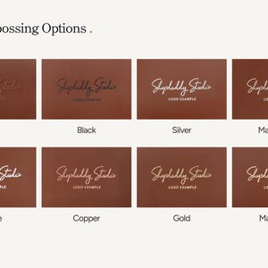 May include: Image showcasing logo debossing options on leather. Features brown leather swatches with the "Shopdaddy Studio" logo in various colors: blind, black, silver, matt silver, white, copper, gold, and matt gold.