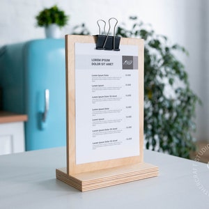 Portacartello in legno con raccoglitore, portamenù da tavolo, cartelli per matrimoni, espositore per negozi, tenda da tavolo per bar e ristoranti, porta volantini da tavolo