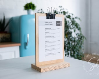 Wooden Table Menu Holder: Custom Sign Display with Binder Clip for Cafe & Bars