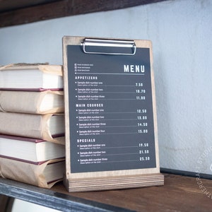 Table Stand Menu Holder, Wooden Sign Holder Menu Covers, Wedding Signs Clip Board, Wood Store Display, Restaurant Table Tents, Menu Board, shopdaddy-studio bar restaurant accessories, wholesale discounts, fast shipping, customization with your logo
