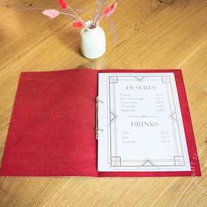 Couverture de menu en cuir, pochette de menu personnalisée avec logo en creux, folio de menu de restaurant personnalisé, livre de menus élégant pour cafés et bars