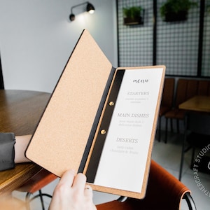 Couvertures de menu en cuir avec bouchons de liège, support de menu, couverture de menu de restaurant, menu pliant de hot-dog, livre de menus, design de couverture de menu, chemise de menu de bar de café