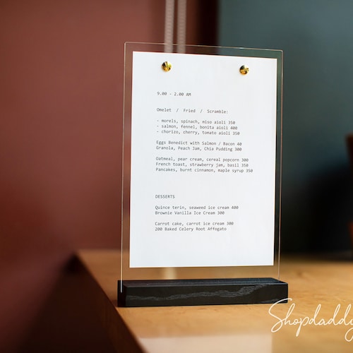 Support de menu personnalisé : support de plaque en acrylique avec base en bois