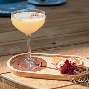 Oval Wooden Serving Tray with Custom Leather Coaster with Logo: Wood Tray for Coffee, Tea, and Drinks - Perfect for Table Decoration