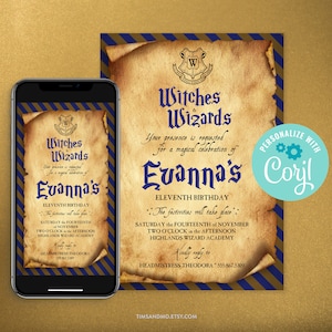 Wizard Birthday Invitation, Witches & Wizards, Printable Wizard Party Invite, Magical Birthday, Editable Invite Template, Corjl | KBD012