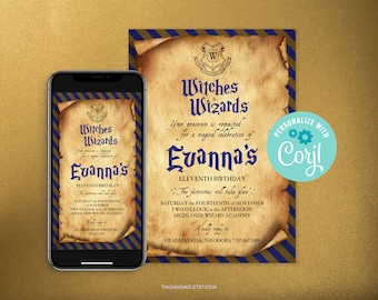 Wizard Birthday Invitation, Witches & Wizards, Printable Wizard Party Invite, Magical Birthday, Editable Invite Template, Corjl | KBD012