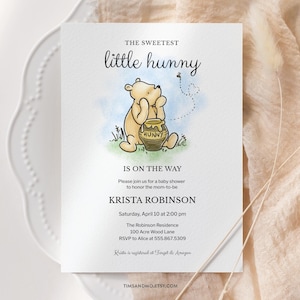 Little Hunny Baby Shower Invitation, Classic Winnie-the-Pooh Baby Shower Invite, Boy, Girl, Gender Neutral, Editable Template, Corjl | BB007
