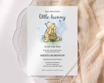Winnie-the-Pooh-Babyparty-Einladung: Kleines Hunny-Thema (editierbare Vorlage) | BB007