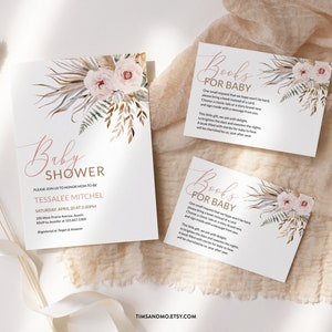 Boho Baby Shower Invitation, Girls Baby Shower Bundle, Diaper Raffle, Books for Baby, Editable Digital Template, Corjl | BB003