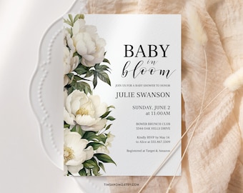 Peony Baby Shower Invitation: Elegant Floral Template (Editable Corjl) | BB002