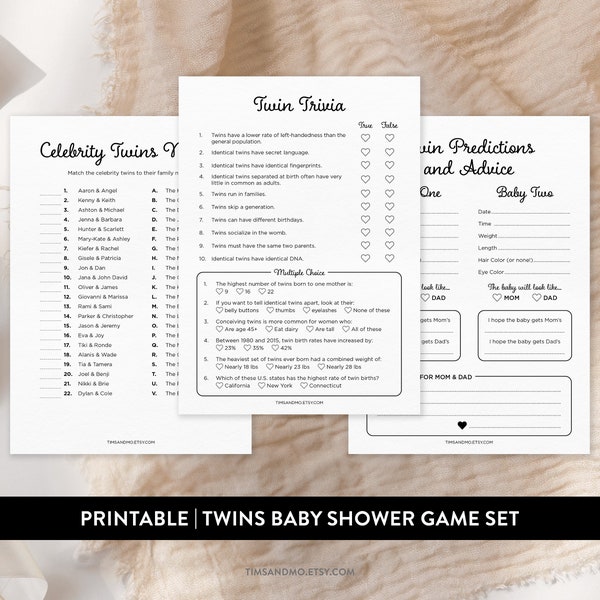 Twins Baby Shower Game Bundle, Twin Trivia Game, Baby Prediction & Advice, Celebrity Twins, Printable Baby Shower Game, Minimalist | BBY023