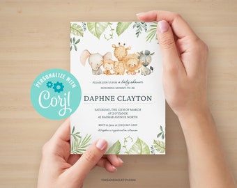 Invito per baby shower con animali da safari: tema giungla acquerello (modello digitale) / BBY015