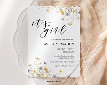 Wildflower Baby Shower Invitation: It's a Girl, Editable Template (Corjl) | BB001