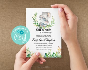 Elephant Baby Shower Invitation: Safari Theme, Editable Template (Digital) | BBY014