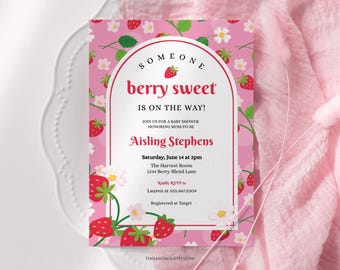 Strawberry Baby Shower Invitation: Pink Spring Theme (Editable Template) | BB008