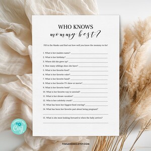 Who Knows Mommy Best Game, How Well Do You Know Mommy, Minimalist Baby Shower, Editable Baby Shower Game, Baby Shower Template, Corjl |BBG03