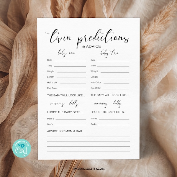 Twin Predictions and Advice, Baby Predictions Game, Minimalist Baby Shower, Editable Baby Shower Game, Baby Shower Template, Corjl | BBG02