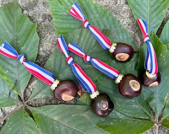 May include: Five brown buckeyes with red, white, and blue ribbon tied around them.