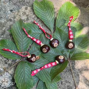 Puede incluir: Cinco adornos de castaña marrón con cinta de patrón de copo de nieve rojo y blanco atada a cada uno. Los adornos están dispuestos sobre un fondo de hojas verdes.