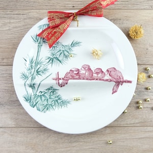 Pink birds plate, longwy plate, French asparagus plate, compartmentalized plate