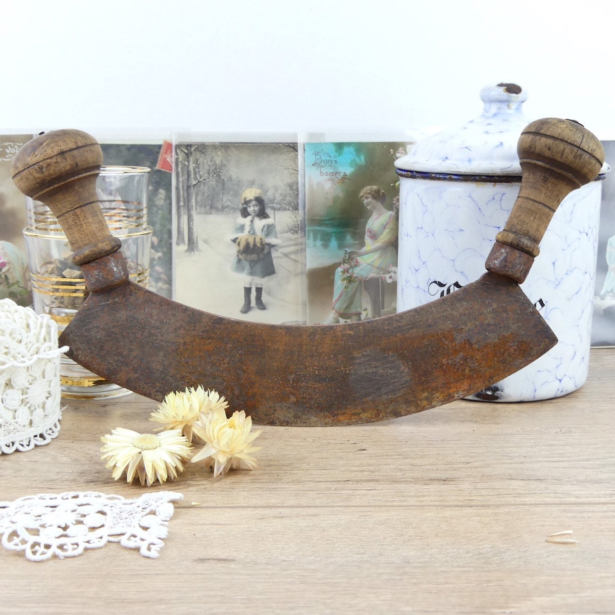 Wooden and metal kitchen chopper, herb chopper, old rustic large