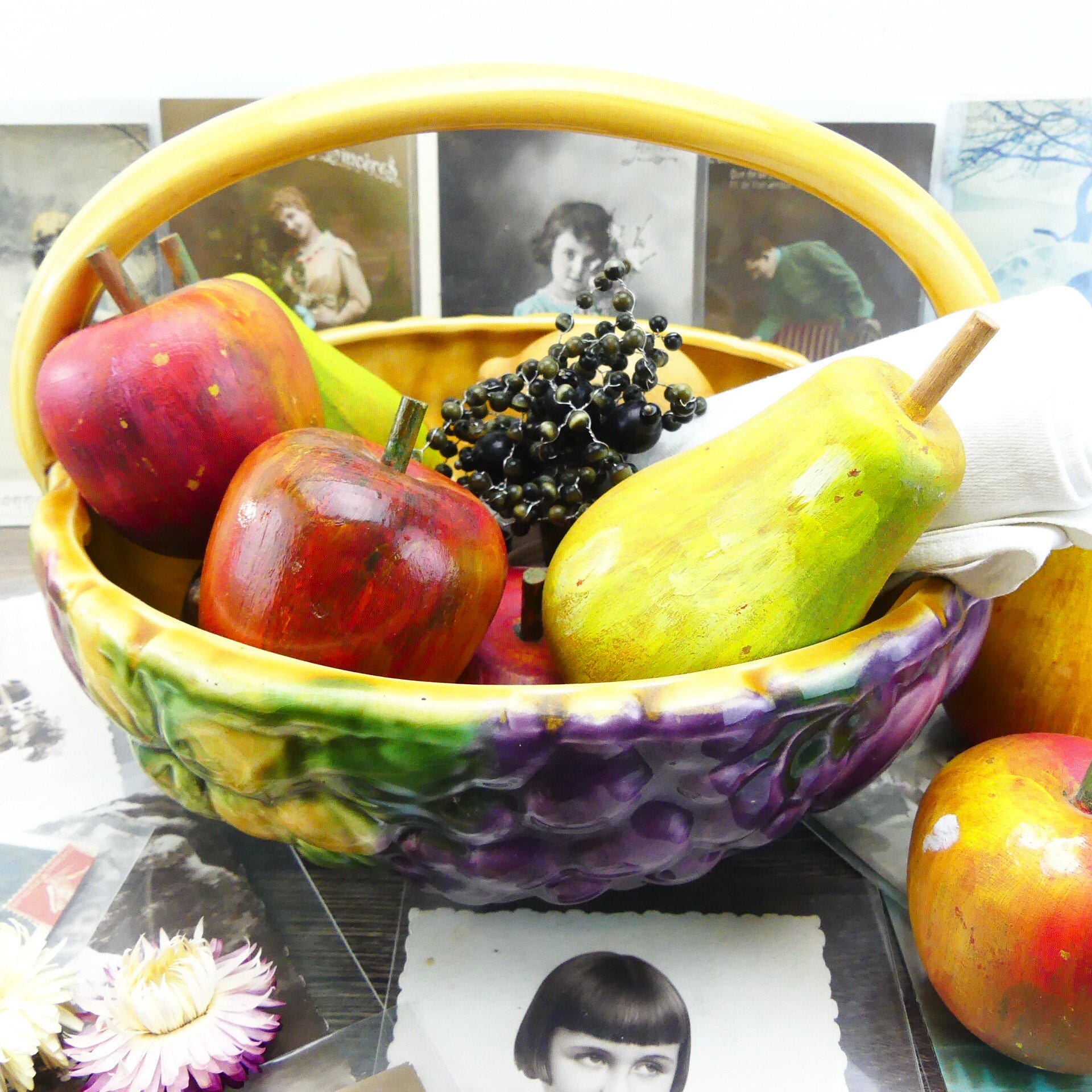 Antique earthenware basket decorated with Sarreguemines fruit, kitchen