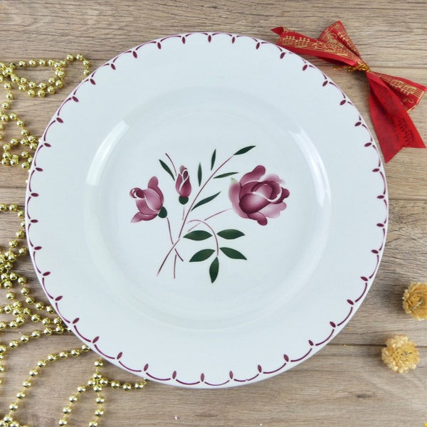 Plat de service rond style Digoin, saladier français à fleurs, vaisselle de campagne vintage