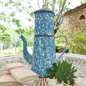Blue enamel coffee pot, large coffee pot, vintage French kitchen decor, shabby chic coffee pot, country cottage chic decor