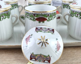 Cremas de porcelana del siglo XIX, decoración japonesa, cremas antiguas francesas, pequeñas ollas antiguas de barro, jarra de leche, vajilla