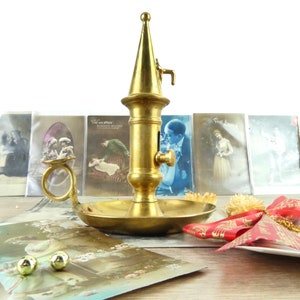 Brass candleholder - old candleholder - Antique Brass chamberstick - dolphin and lily - french chic - 19th century