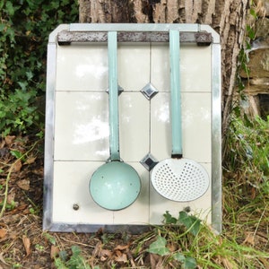 Old draining board, Art Deco earthenware utensil holder, old kitchen utensils, ladle holder from a butcher&#39;s shop, 1930s