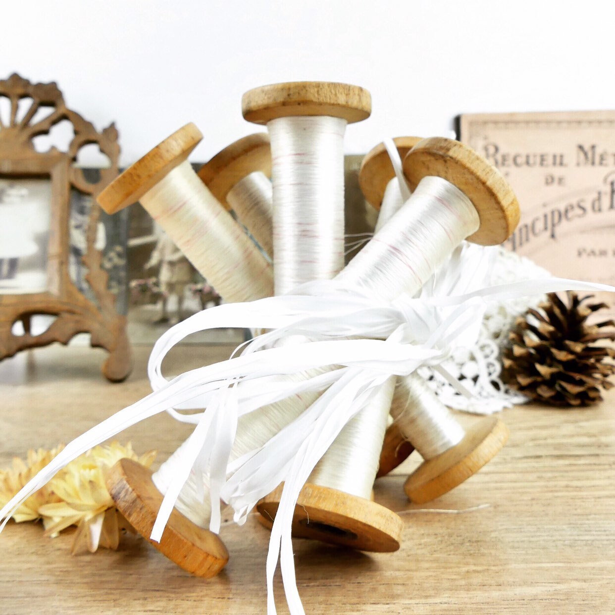 10 Old wooden silk thread reels, large French haberdashery reels