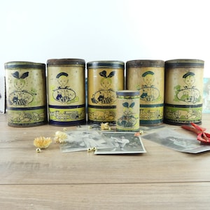 Tin boxes, vintage spice boxes, old kitchen boxes, series of boxes