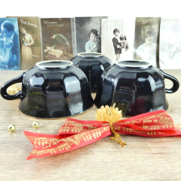 Grandes tasses à chocolat de bistro français des années 1950, tasses noires vintage, grandes traces en faïence noire et jaune