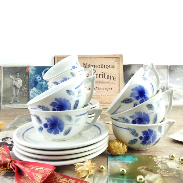 8 tasses Vintage grosse fleur bleue, tasses style Digoin, décor de campagne, tasse à fleur