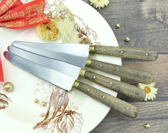 Set di 4 coltelli svizzeri vintage, coltelli rustici antichi, coltelli da cucina in legno, manici in legno