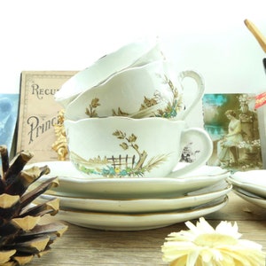 5 Digoin Vieux Marseille cups and saucers, old Digoin coffee set, Digoin Sarreguemines cups