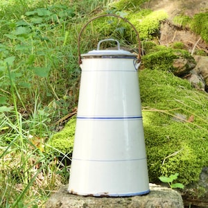 White enameled tin milk jug with blue lines, small French shabby chic bucket, vintage country kitchen pot