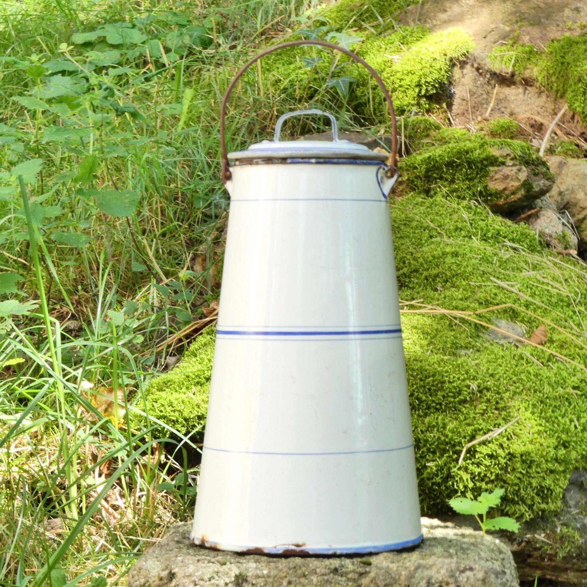 enamel milk jar white×blue Vintage Enamel Milk Can Antique White Metal Milk Jug Antique