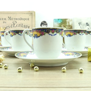 6 Limoges coffee cups decorated with bows and roses, luxurious French colorful cups, antique coffee cups, French coffee set 1920