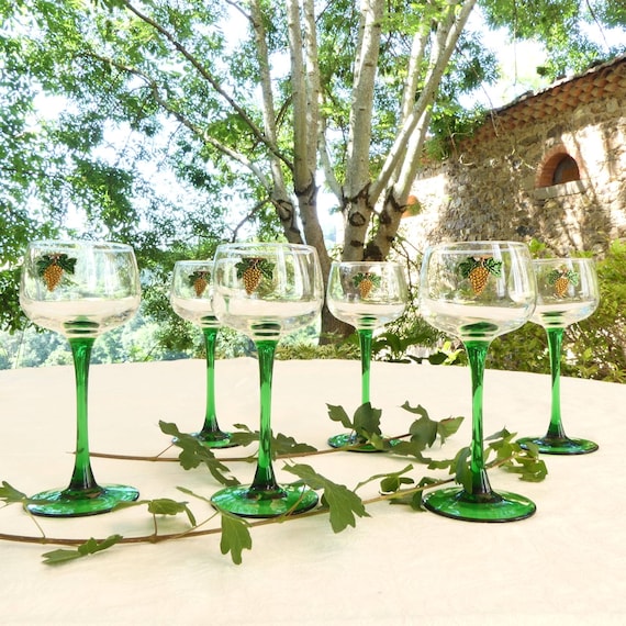 Alsace White Wine Glasses With Grape Decoration, Vintage French 