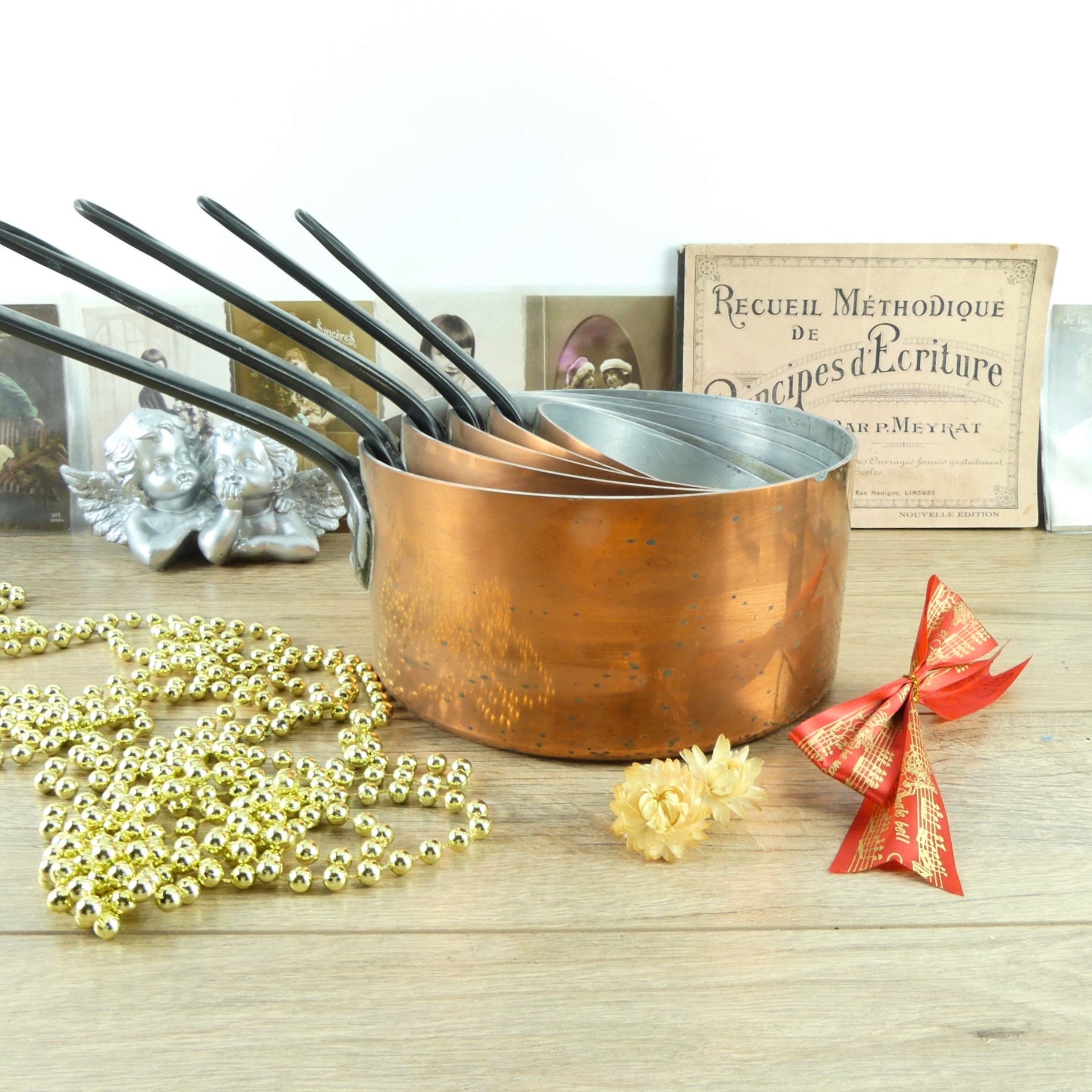 5 Tournus copper casseroles, vintage French pans set, castle pans