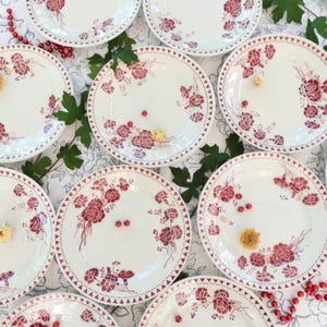 Sarreguemines and Digoin flat plates, Elise model with red flower decoration, French country shabby chic plates, 1950s plates