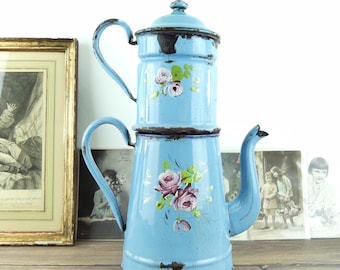 Blue enamelled coffee maker, large double decor coffee maker of vintage French cuisine, shabby chic coffee maker