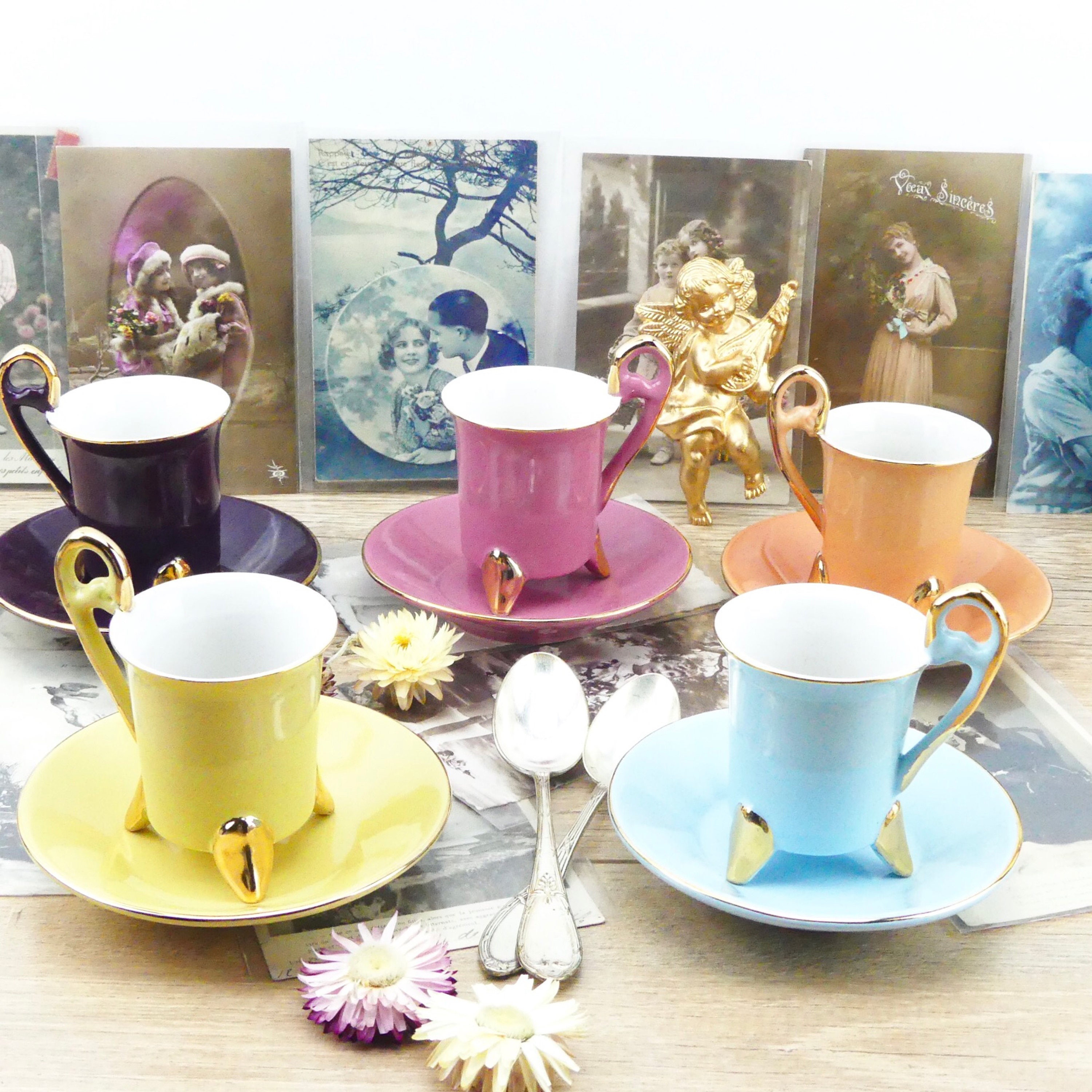 Coffee cups Tea cups French cups with saucers Geneviève Lethu